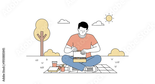 Man Enjoys Peaceful Picnic Outdoors With Food Box And Refreshments
