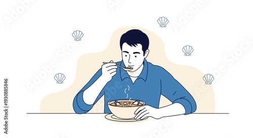 Man Enjoys Delicious Seafood Chowder Meal