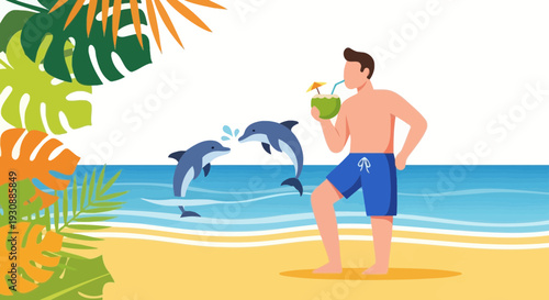 Man Enjoys Tropical Beach Vacation With Dolphins And Coconut Drink