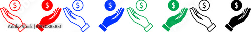 Hand holding coin dollar icons red blue green black outline receiving money finance transaction vector