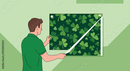 Man Hanging Shamrock Artwork, Illustrating Celebration and Symbolic Good Luck
