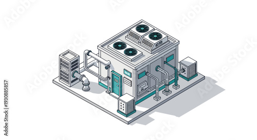 Isometric Industrial HVAC System with Cooling Units and Pipes.