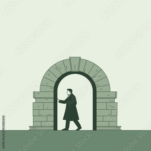 Man Enters Through Antique Stone Archway Into New Possibilities