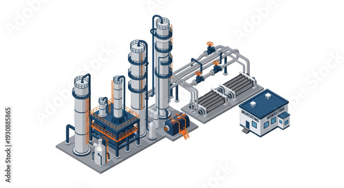 Isometric Industrial Oil Refinery Plant with Storage Tanks and Buildings.