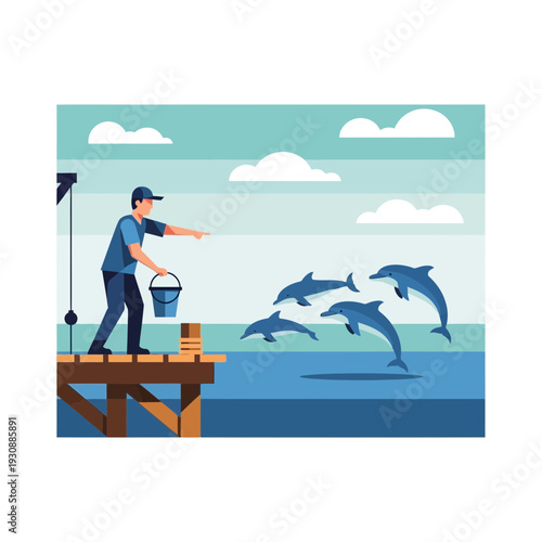Man Feeding Dolphins From A Wooden Pier On A Sunny Day