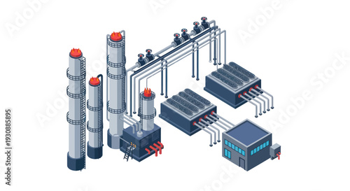 Isometric Industrial Plant with Towers and Connected Systems.