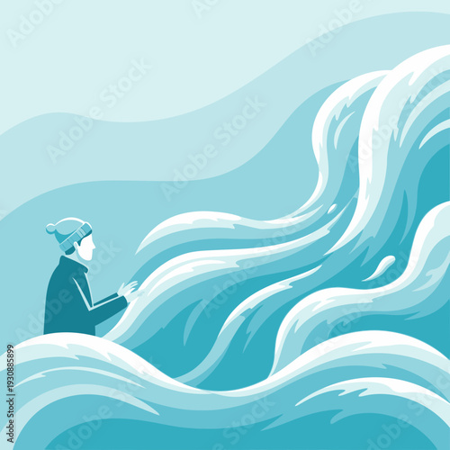 Man Facing Enormous Ocean Waves In A Winter Scene