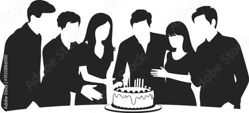 Friends celebrating birthday together silhouette, group party with cake and candles, joyful social gathering moment, black isolated vector illustration