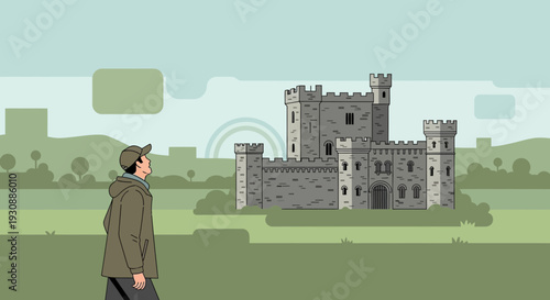 Man Gazing At Majestic Castle In Rural Landscape Scenic View