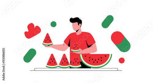 Man Holding Fresh Watermelon Slices Amidst Abstract Shapes And Summer Vibes