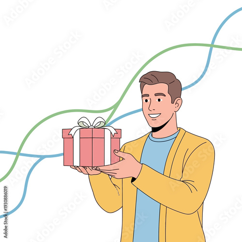 Man Holding Gift Box With Upward Trend Lines Background