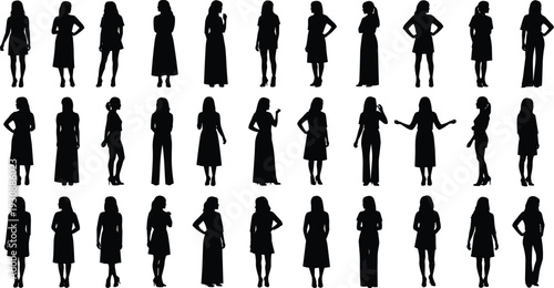 Set of 33 standing women silhouettes, casual and formal clothing, cad drawing flat vector illustration isolated on white background