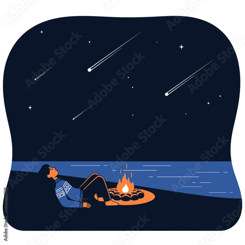 Man Gazing At Meteor Shower Over Calm Water By Campfire