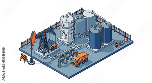 Isometric Oil Refinery and Gas Production Plant Illustration.