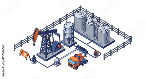 Isometric Oil Extraction and Storage Facility Illustration.