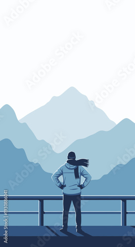 Man Gazing At Majestic Snowy Mountain Peaks In Crisp Winter Atmosphere