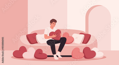 Man Holding Heart Pillow Surrounded By Many Hearts On Sofa