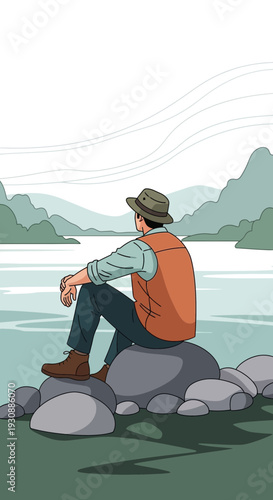 Man Gazing At Serene Waters A Moment Of Tranquil Reflection Outdoors