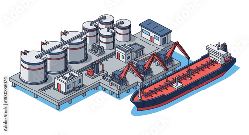 Isometric Oil Terminal with Storage Tanks and Tanker Ship.