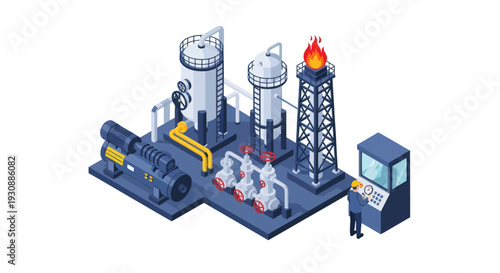Isometric Oil Refinery Plant with Worker Operating Control Panel.