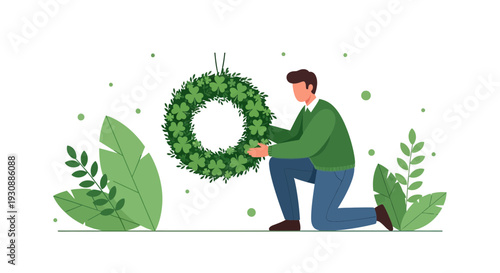 Man Holding Lucky Clover Wreath Decoration Celebrating Spring