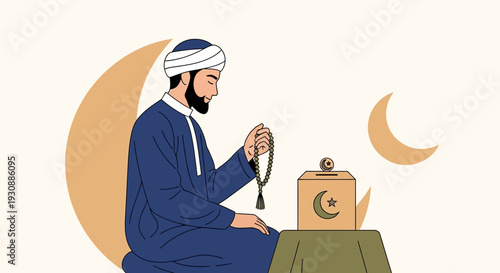 Man Holding Prayer Beads Near Donation Box With Crescent Moon Symbol