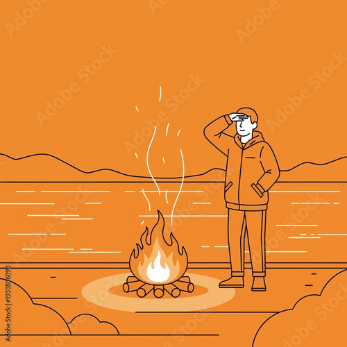 Man Gazing Into Distance Beside Campfire Outdoor Adventure