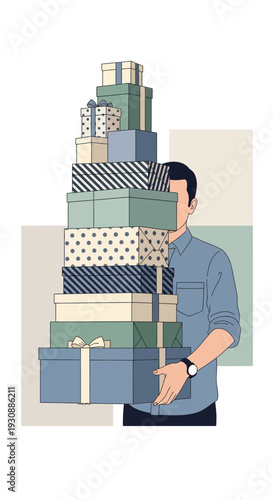 Man Holding Tower Of Gift Boxes For Celebration And Special Occasions Shopping Spree