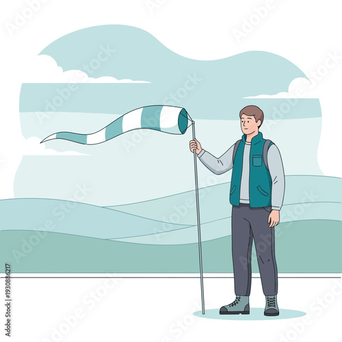 Man Holding Windsock Measuring Air Movement Outdoors