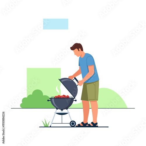 Man Grilling Burgers Outdoors Creating Delicious Food Summer Leisure Activity