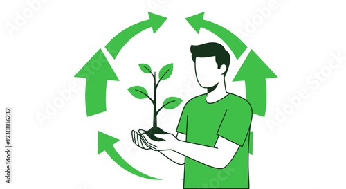 Man Holding Young Plant Surrounded By Green Recycling Arrows Symbolizing Growth And Sustainability
