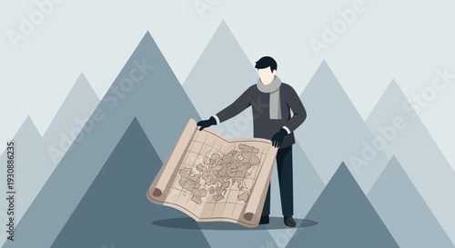 Man Holding World Map Against Mountain Landscape