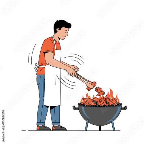 Man Grilling Chicken Wings On A Barbecue Fiery Outdoor Cooking
