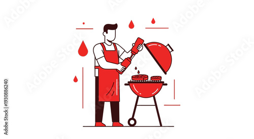 Man Grilling Burgers With Condiments In Flat Design Style