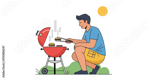 Man Grilling Burgers Outdoors Enjoying A Sunny Day