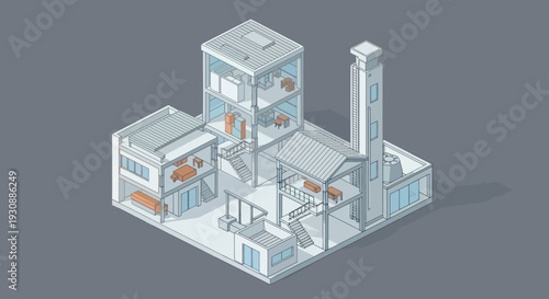 Isometric view of a modern industrial factory building complex.