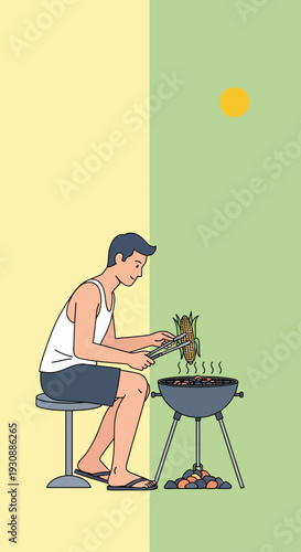 Man Grilling Corn Outdoors Summer Leisure Activity Illustration Minimalist Style