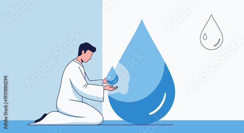 Man Holds Water Drop Symbolizing Purity and Cleansing Ritual