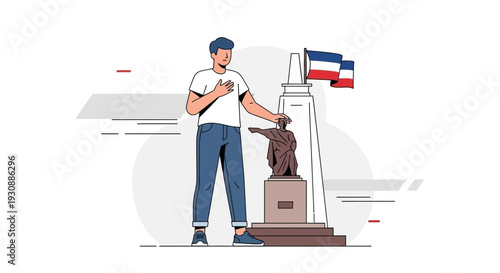 Man Honors Monument With Respectful Gesture And National Flags