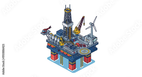 Offshore Oil Rig Platform with Wind Turbine Isometric Illustration.