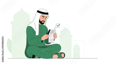 Man In Traditional Attire Reviews Charity Receipt With Approval Mark