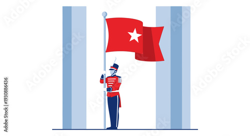 Man In Uniform Holds Red Flag With White Star In Front Of Tall Columns