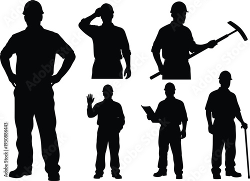 Set of construction worker silhouettes wearing hard hats holding tools and clipboards in various professional poses for industrial project designs
