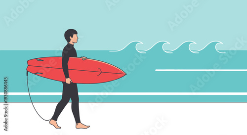 Man In Wetsuit Carries Red Surfboard Towards Ocean Waves On Sandy Beach