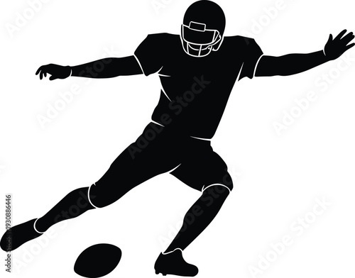 Silhouette of American football player kicking ball, black and white sports illustration, athletic vector artwork design symbolizing competition, motion, and dynamic energy