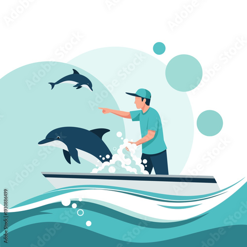 Man Interacting With Dolphins From Boat On The Ocean