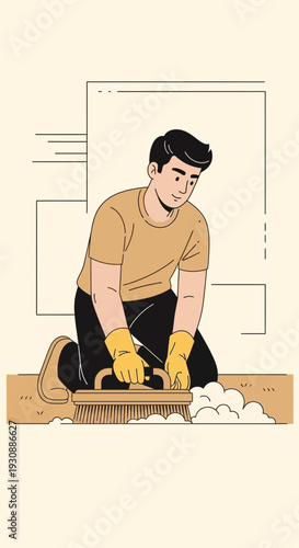 Man Kneeling Scrubbing Surface With Brush Creating Cleanliness And Order