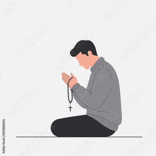 Man Kneeling Praying With Rosary Beads Reflecting Spiritual Solitude