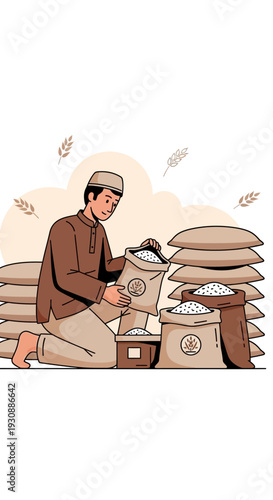 Man Kneeling Sorting Grains From Sacks For Distribution