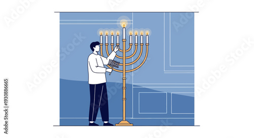 Man Lighting a Menorah Illustration Depicting Jewish Holiday Traditions and Celebration